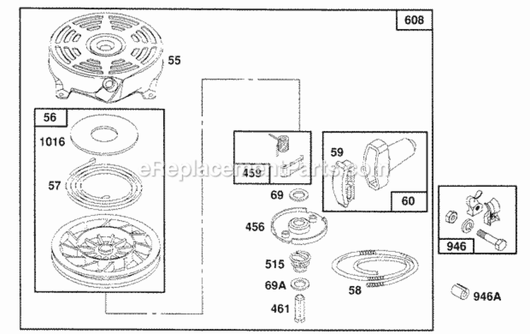 Rewind Assembly Diagram and Parts List for 121802-0444-01  Briggs and Stratton Engine
